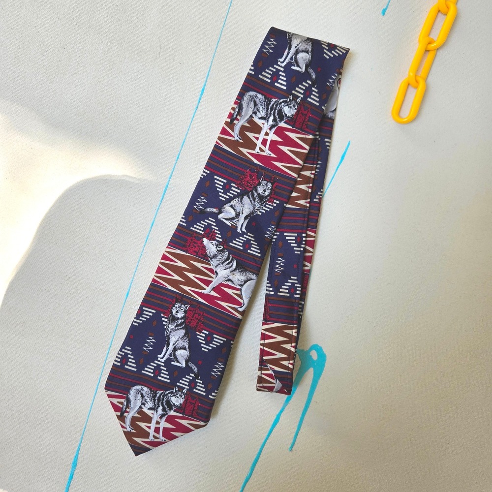 VTG 90s Silk Nature Wolf Tie Roundtree & Yorke Tribal Pattern‎ Silk Necktie 58"